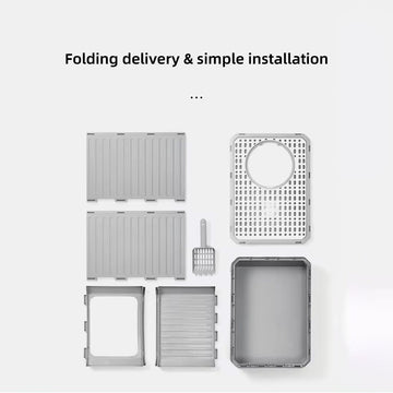 Enclosed Foldable Cat Litter Box with Lid, Scoop and Litter Pan (Grey)