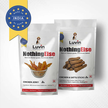 Chicken Treats Combo Pack for Dogs and Cats | 1 Chicken Sattu Sticks and 1 Chicken Jerky - luvin