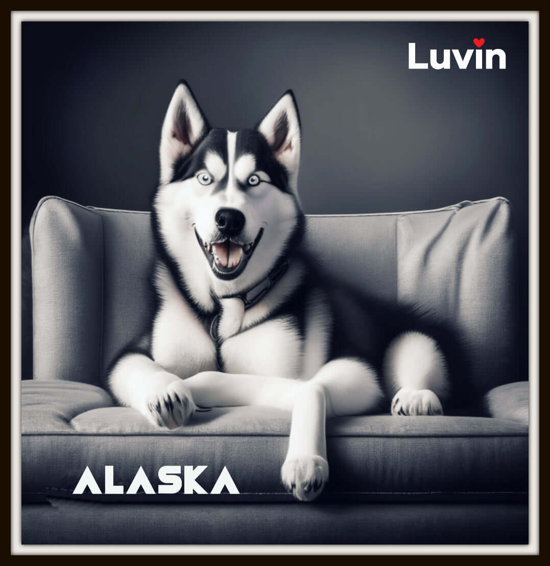 Digital portrait of a Husky sitting royally on a sofa in his forever home