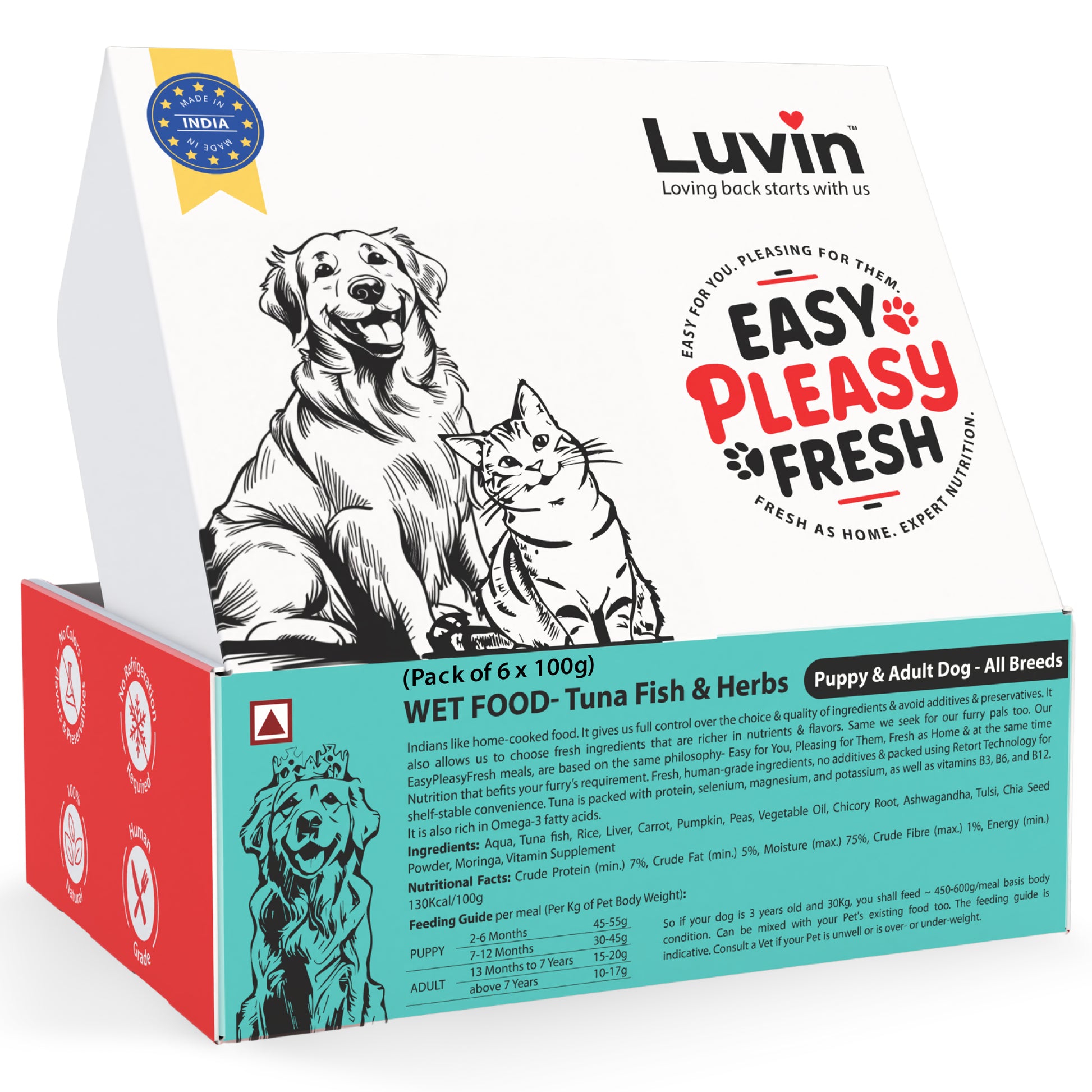 Luvin Easy Peasy Fresh Wet cat Food – Tuna Fish & Herbs, Pack of 6 x 100g, puppy & adult dog food, Made in India