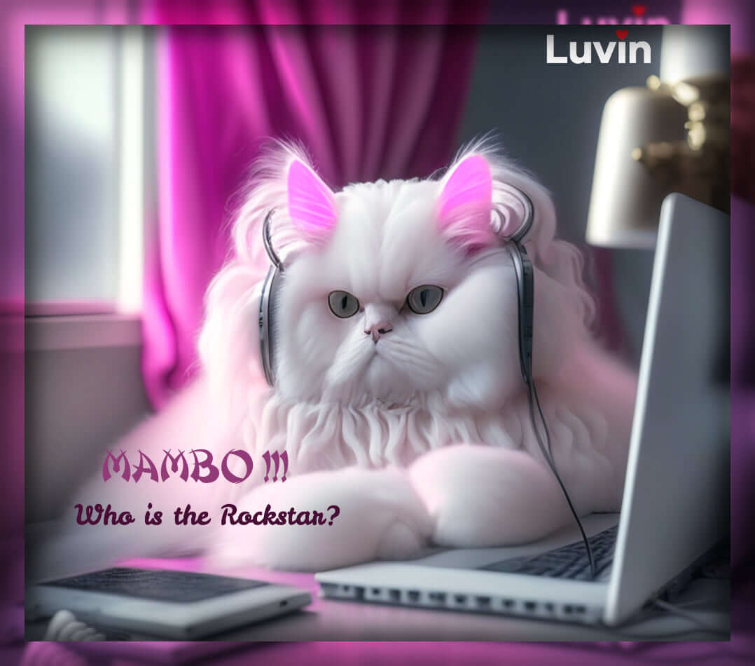 Digital portrait of a white persian cat listening to music with headphones on