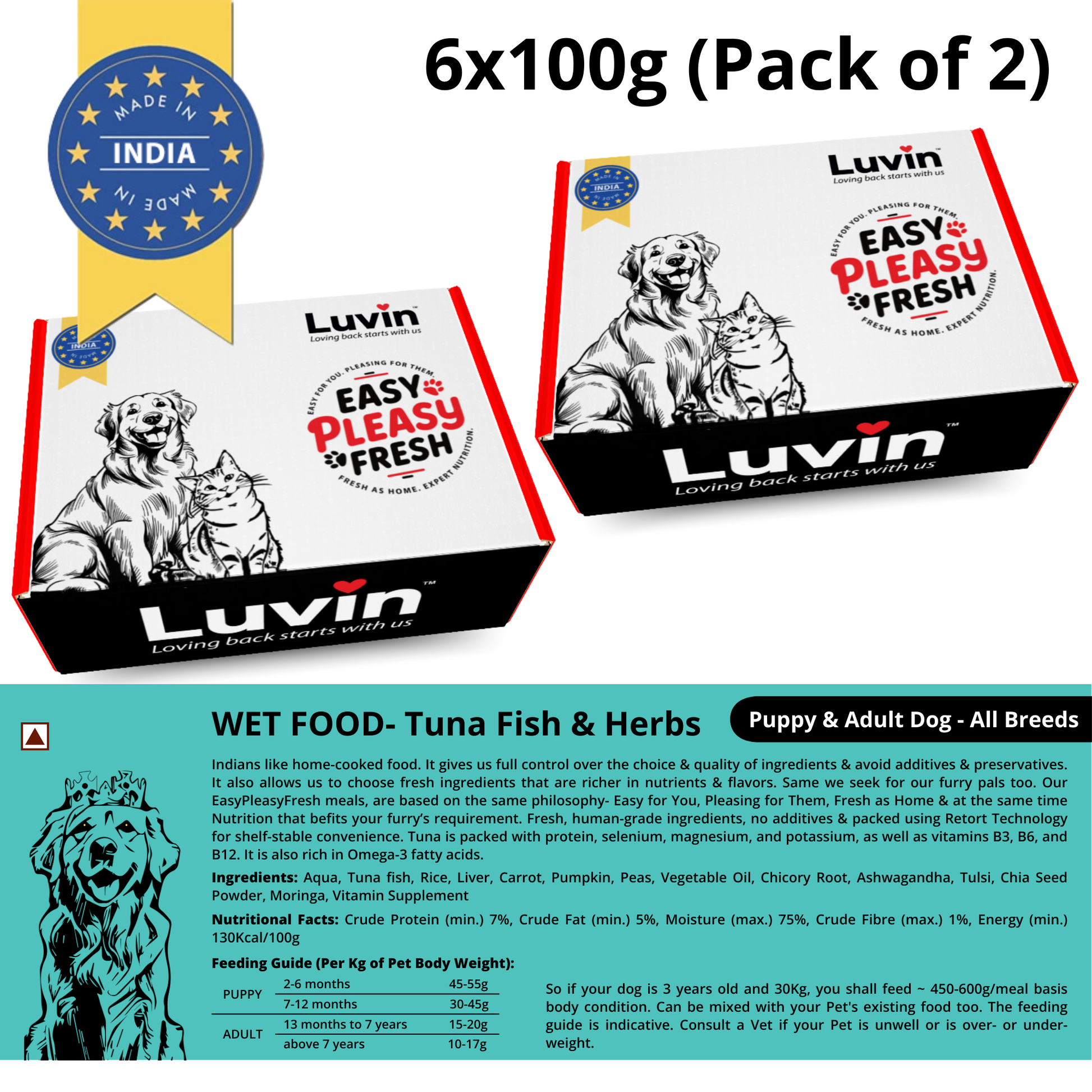 Luvin Easy Peasy Fresh Wet cat Food – Tuna Fish & Herbs, Pack of 12 x 100g, puppy & adult dog food, Made in India