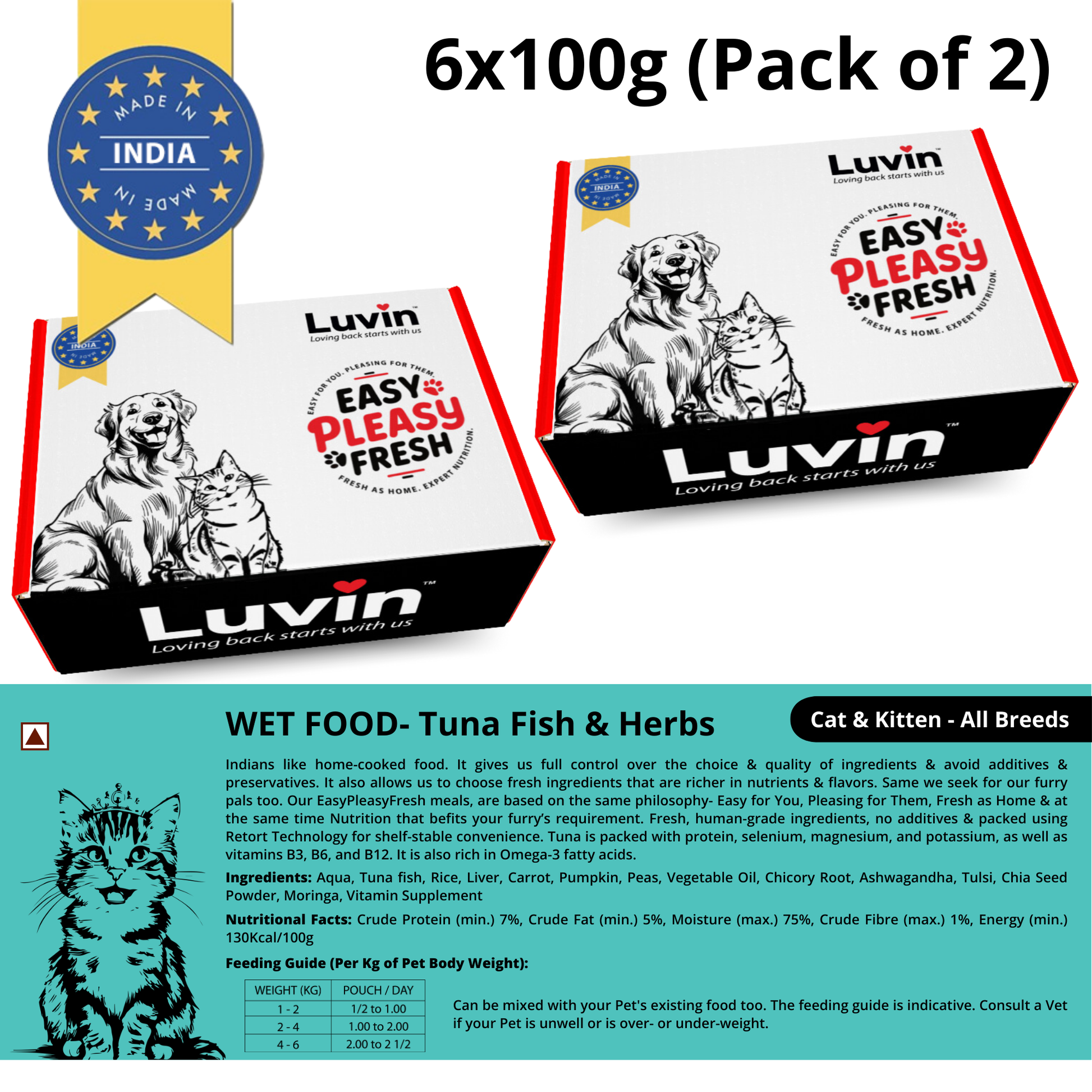 Luvin Easy Peasy Fresh Wet cat Food – Tuna Fish & Herbs, Pack of 12 x 100g, puppy & adult dog food, Made in India